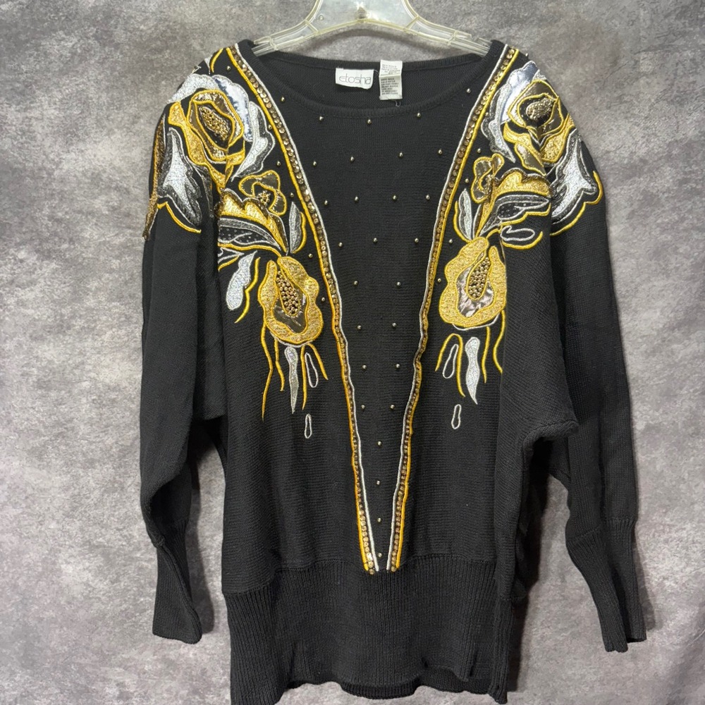 Vintage 80s Etosha Black Gold Silver Beaded Floral Sweater Size 3X Embroidered